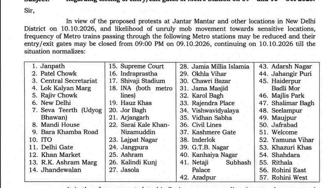 Delhi Metro Alert: 57 Stations May Close Gates on Oct 9–10